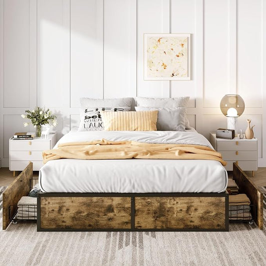 SHA CERLIN Full Platform Bed Frame with 2 Large Storage Drawers, Rustic Wood and Metal, Noise-Free, Easy Assembly, No Box Spring Needed, Brown