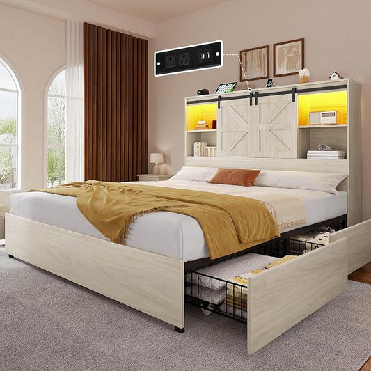 YITAHOME Farmhouse Queen Size Bed with Storage Bookcase Headboard, Sliding Barn Door, 4 Storage Drawers, RGB LED Bed Frame with USB Charging Station, No Box Spring Needed, Antique White