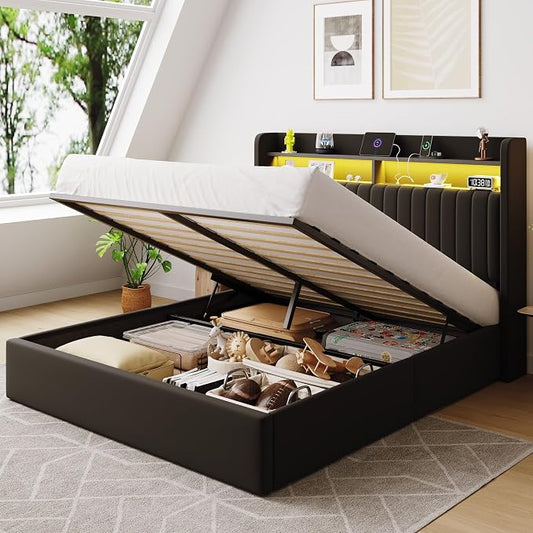 SHA CERLIN Queen Size Lift Up Storage Bed Frame/LED Lights/Charging Station/2-Tier Shelves Headboard/USB,Type-C Ports/Velvet Upholstered/Hydraulic Support/No Box Spring Needed/Noise Free/Black