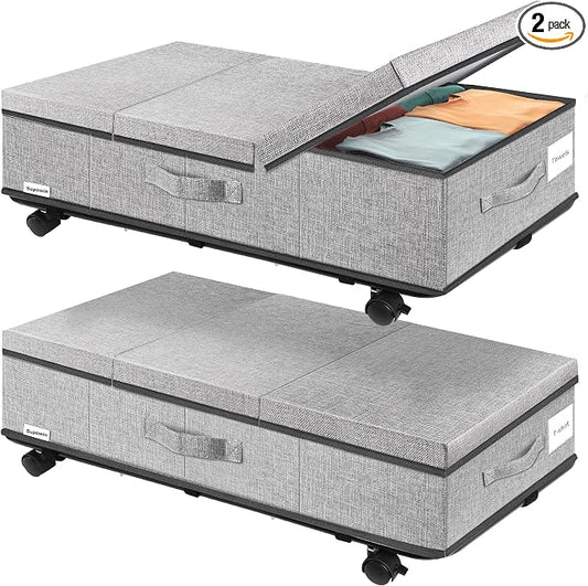 Supowin Under Bed Storage with Wheels, Rolling Underbed Storage Containers with Lids, Under Bed Shoe Storage Bins Organizer with Reinforced Metal Bottom Support and Three Handles