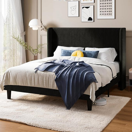 Allewie Queen Size Bed Frame with Upholstered Wingback Headboard, Vertical Channel Tufted Corduroy Velvet Platform Bed, Strong Wooden Slats Support, No Box Spring Needed, Easy Assembly, Sturdy, Black