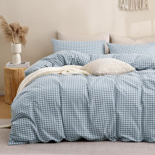 TOCOMOA Blue Gingham Duvet Cover Bedding Set 100% Washed Cotton Like Linen Feel Super Soft Comfortable 3 Piece Vintage Plaid Checkered Comforter Cover Set (Queen 90"x90", Comforter Not Included)