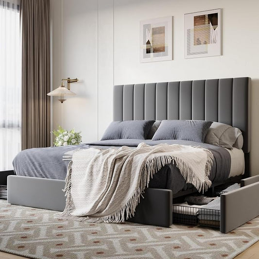 SHA CERLIN Queen Size Platform Bed Frame with 4 Storage Drawers, Vertical Channel Tufted Adjustable Headboard, Velvet Upholstered, Wooden Slats Support, No Box Spring Needed, Easy Assembly, Grey