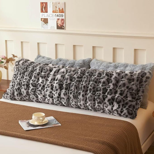 LIFEREVO Leopard Print 20 x 54 Faux Rabbit Fur Body Pillow Cover, Comfy Cheetah Print Bubble Shaggy Bed Pillowcase with Zipper, Long Plush Furry Farmhouse Pillow Case for Adults Kids Girls Teens, Grey