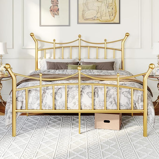 Allewie 14 Inches Queen Size Metal Platform Bed Frame with Elegant Crown Iron-Art Headboard & Footboard, Sturdy Mattress Foundation with Under-Bed Storage, Easy Assembly, No Box Spring Needed, Gold