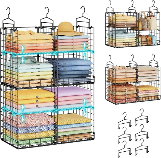 Hanging Closet Organizer with DIY Spacing, Double-Row Closet Hanging Shelves with 4 Adjustable Dividers & 6 Hooks, Heavy Duty Metal Closet Storage Organizer with Front Guard, Split into 2 Units