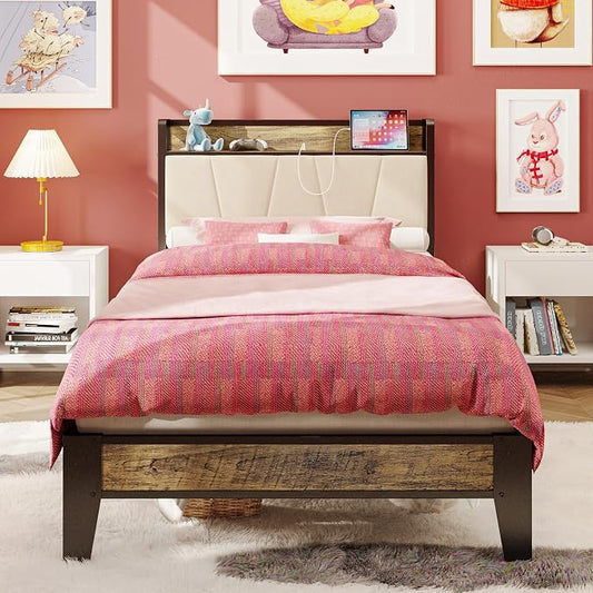 LIKIMIO Twin XL Bed Frames, Storage Headboard with Charging Station, Solid and Stable, Noise Free, No Box Spring Needed, Easy Assembly (Walnut and Beige)
