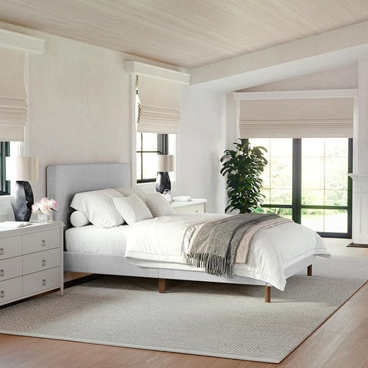 Martha Stewart Britta Platform Bed with Headboard & Footboard, Faux Linen Upholstery with Piping Detail, Rounded Headboard, No Box Spring Needed, Full, Gray