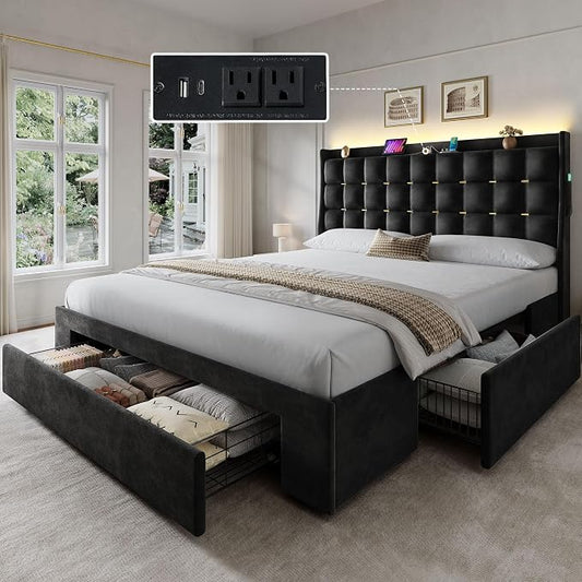 YITAHOME Queen Size Bed Frame with 3 Storage Drawers and RGB LED Lights, Velvet Upholstered Bed with Charging Station and Storage Headboard, No Box Spring Needed, Easy Assembly, Noise-Free, Cool Black