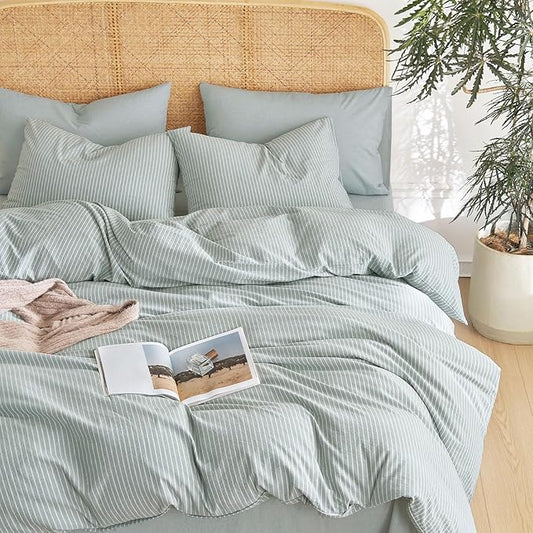 Wake In Cloud - Striped Cotton Duvet Cover Set, 100% Washed Cotton Textured Percale Bedding Set, Ticking Stripe Pinstripe Farmhouse, 3 Pieces, Greyish Blue, Twin Size