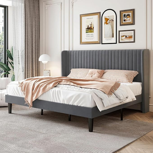 SHA CERLIN King Size Velvet Bed Frame with Vertical Channel Tufted Wingback Headboard, Upholstered Platform Bed with Wood Slats, No Box Spring Needed, Easy Assembly, Grey