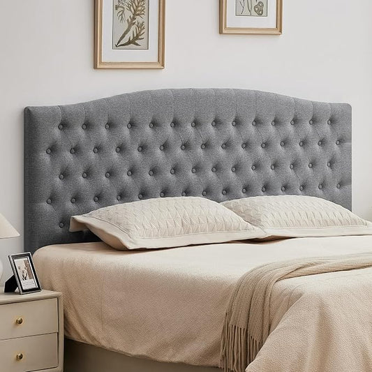 Tufted Upholstered Tall Headboard King Size, Sturdy and Durable Solid Wood Bed headboards, Comfortable Linen Fabric King Headboard Only, Modern Luxury Button Diamond Design Head Board, Grey
