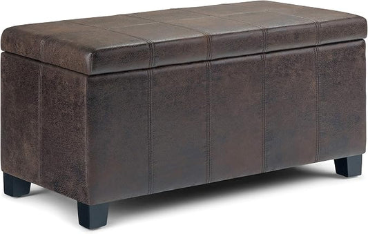 SIMPLIHOME Dover Storage Ottoman Bench - 36 inch Wide Upholstered Vegan Leather Rectangular Lift-Top Ottoman in Distressed Brown, Contemporary Bench for Living Room with Safety Hinges