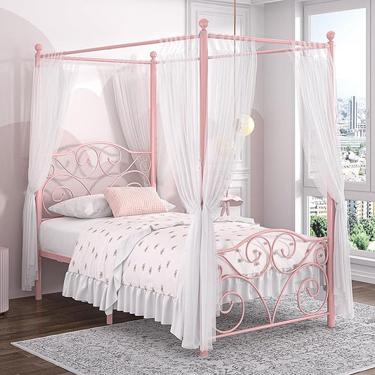 VECELO Metal Canopy Bed Frame Twin Size, 4 Posters Platform Mattress Foundation with Headboard, Heavy Duty Steel Slats Support, No Box Spring Needed, Pink