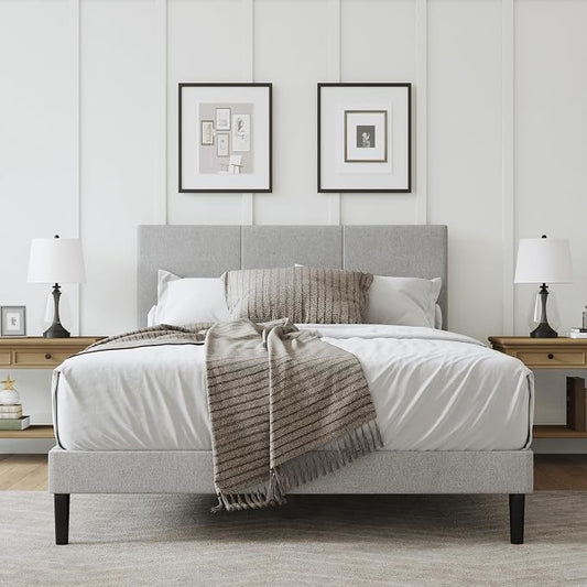 Full Size Bed Frame with Headboard, Fabric Upholstered Platform Bed Frame, Sturdy Slatted Support for Springless Mattresses, Silent Operation, Easy to Assemble, Gray