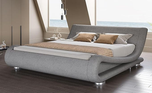 SHA CERLIN King Size Upholstered Bed Frame, Deluxe Low Profile Sleigh Bed with Linen Ergonomics Headboard, No Box Spring Needed & Easy Assembly, Grey