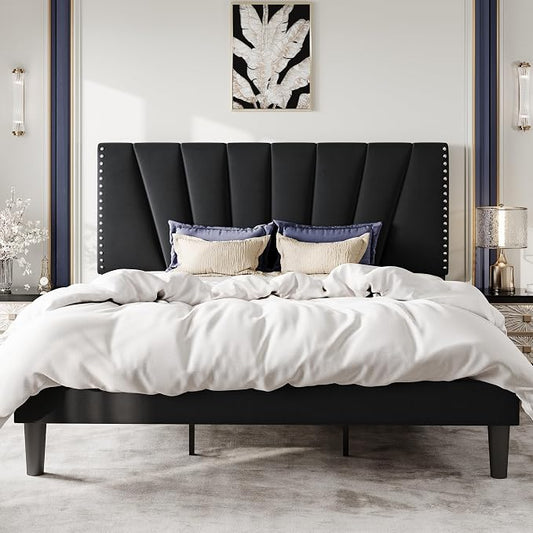 SHA CERLIN King Size Bed Frame with Adjustable Upholstered Velvet Rivets Headboard, Sturdy Wooden Slats, Strong Platform Support for Mattress, No Box Spring Needed, Easy Assembly, Black