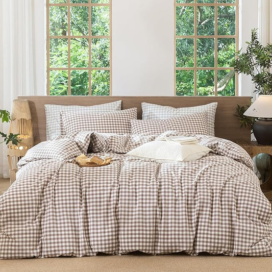 MooMee Gingham Duvet Cover Set 100% Washed Cotton Linen Like Textured Breathable Durable Soft Comfy Modern Checkered Design (Brown Gingham, Twin 68"x90")