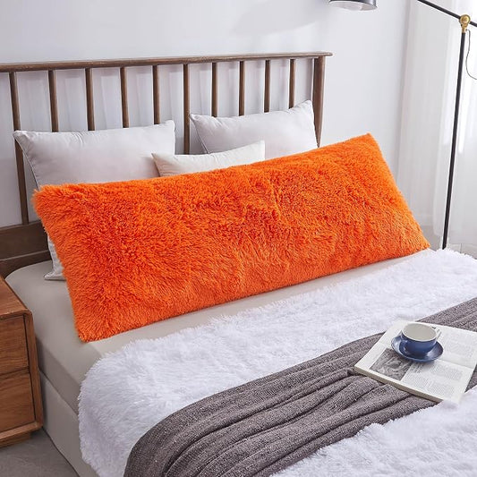 XeGe Shaggy Faux Fur Body Pillow Cover, Fluffy Long Bed Pillow Case with Zipper Closure, Soft Decorative Plush Furry Body Pillowcase, Fuzzy Hug Pillow for Kids Children Girls Women 20"x54", Orange