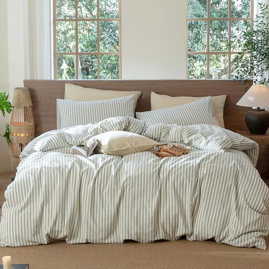 MooMee Striped Duvet Cover Set 100% Washed Cotton Linen Like Textured Breathable Durable Soft Comfy (Sage Green White Classic Stripes, Oversized King Plus 128"x120")