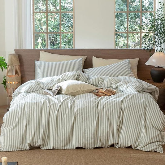 MooMee Striped Duvet Cover Set 100% Washed Cotton Linen Like Textured Breathable Durable Soft Comfy (Sage Green White Classic Stripes, Twin 68"x90")