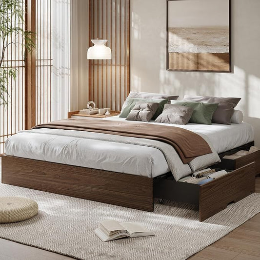 GarveeHome Queen Size Wood Platform Bed Frame with 2 Storage Drawers, Wooden Bed Frame Without Headboard, Wood Slat Support, No Box Spring Needed, Easy Assembly