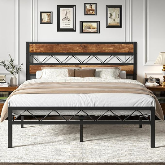 VECELO Full Size Bed Frame with Headboard, Heavy-Duty Platform Bedframe with Metal Slats Support, No Box Spring Needed, Easy Assembly, Black & Brown