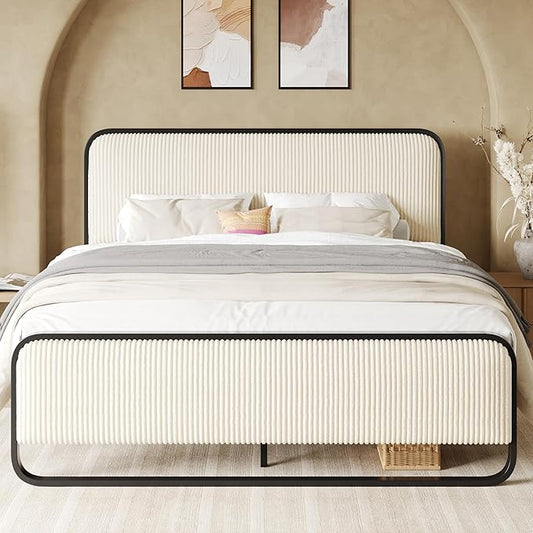 Allewie Full Size Metal Bed Frame with Curved Corduroy Upholstered Headboard and Footboard, Platform Bed Frame with 12.4" Under Bed Storage, No Box Spring Needed, Boho Style, Cream