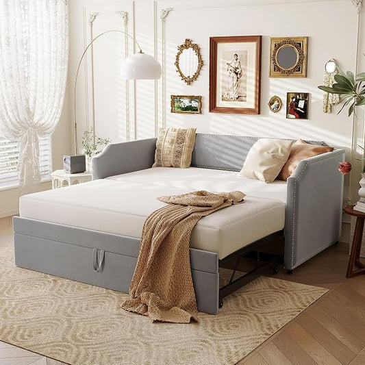Merax Modern Twin Size Upholstered Sofa Day Bed with Pop Up Trundle, Twin to King Extendable Dayed for Living Room Bedroom Guest Room Space Saving, Gray