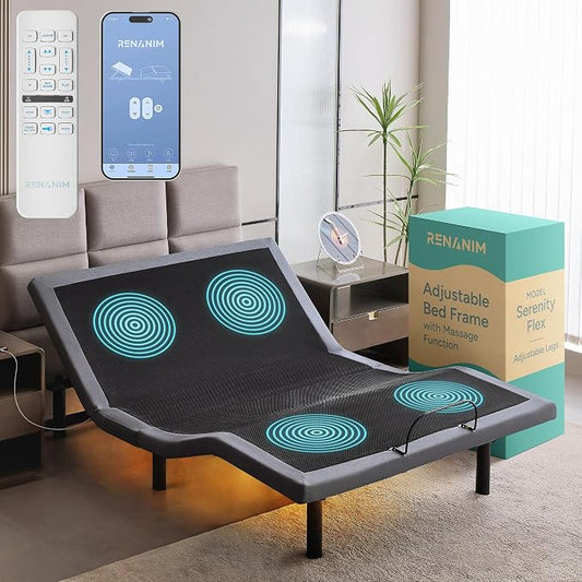 SFE Queen Adjustable Bed Frame - Zero Clearance Smart Frame, Electric Massage, Wireless Remote for Head & Foot Lift, 3 Height-Adjustable Legs - Zero Gravity, Underbed Lights & 4 USB Ports