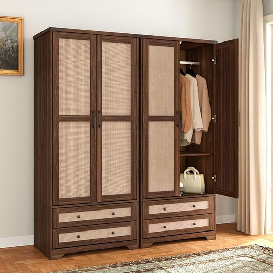 Yechen 71" Wooden Armoire Wardrobe Closet - Modern Functional Clothes Tall Storage Cabinet with Adjustable Shelf and Hanging Rail, Sturdy Freestanding Closet Wardrobe with 2 Wide Drawers for Bedroom