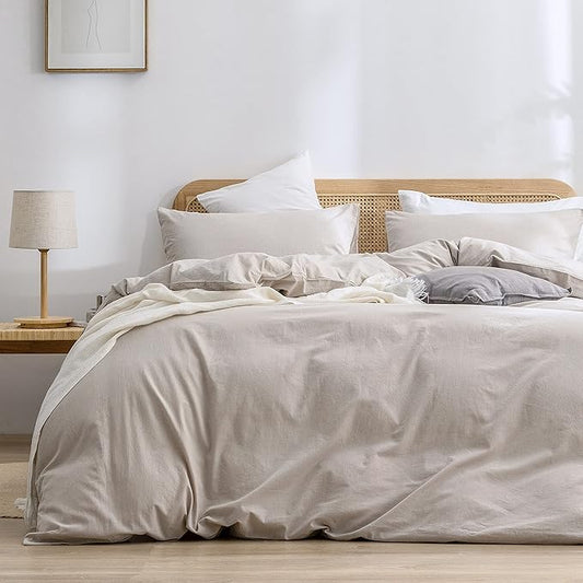 BESTOUCH Duvet Cover Set 100% Washed Cotton Linen Feel Super Soft Comfortable Chic Lightweight 3 PCs Home Bedding Set Solid Linen Grey Super King Plus