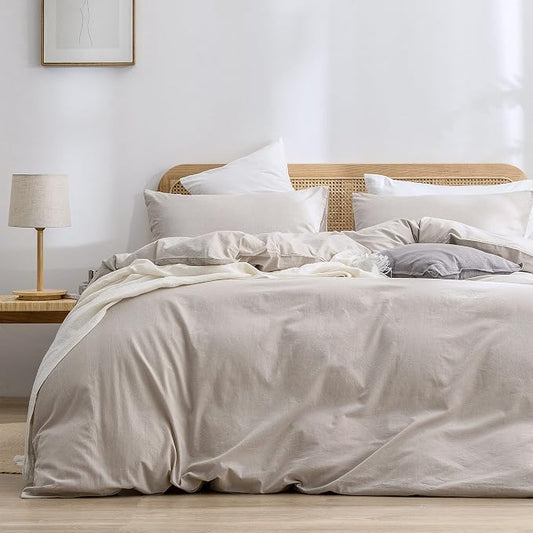 BESTOUCH Duvet Cover Set 100% Washed Cotton Linen Feel Super Soft Comfortable Chic Lightweight 3 PCs Home Bedding Set Solid Linen Grey Oversized King