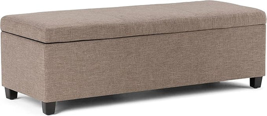 SIMPLIHOME Avalon Storage Ottoman Bench - 48" Wide x 16" High Upholstered Linen Look Fabric Rectangular Lift-Top Ottoman in Fawn Brown, Contemporary Bench for Living Room with High-Density Foam