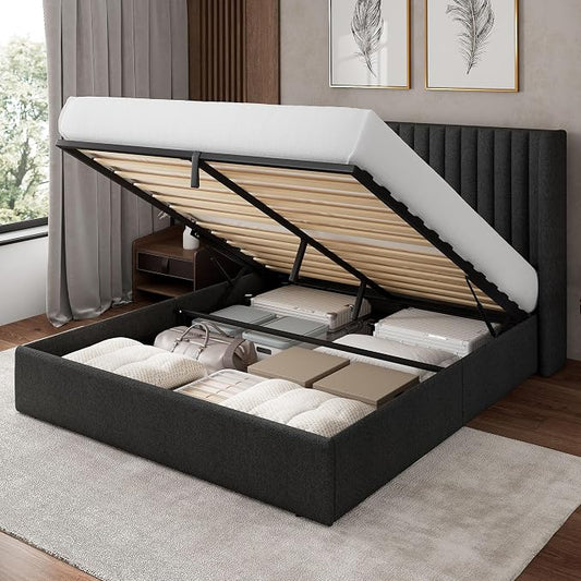 Feonase Queen Size Lift Up Storage Bed Frame, Linen Upholstered Platform Bed with Wingback Headboard, Hydraulic Storage, No Box Spring Needed, Dark Gray