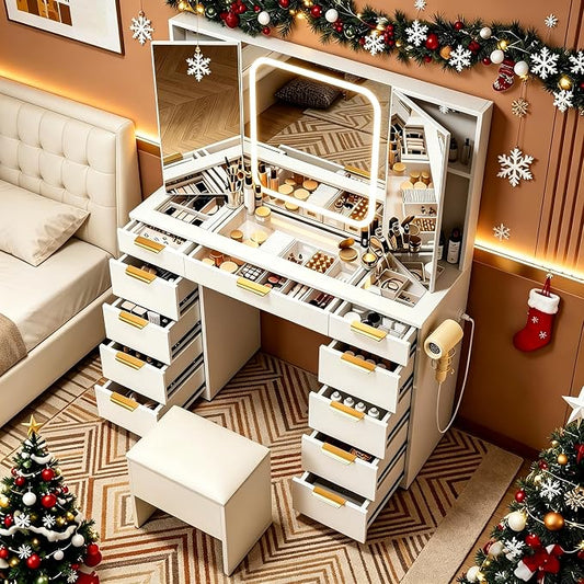 Pamapic 11 Drawers Vanity Desk with Foldable Mirror, Glass Top Makeup Vanity with LED Lights, 3 Lighting Modes, Golden Handles Dressing Table with Chair and Power Outlet