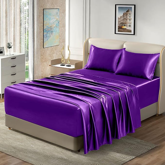 Homiest 4pcs Extra Deep Pocket Satin Sheets Full Size Bed Set, 18-24 Inch Deep Pocket Bed Sheets Purple Satin Sheet Set, Silky Satin Bedding Set Luxury Fitted Sheet Set Fits Ultra Deep Mattress