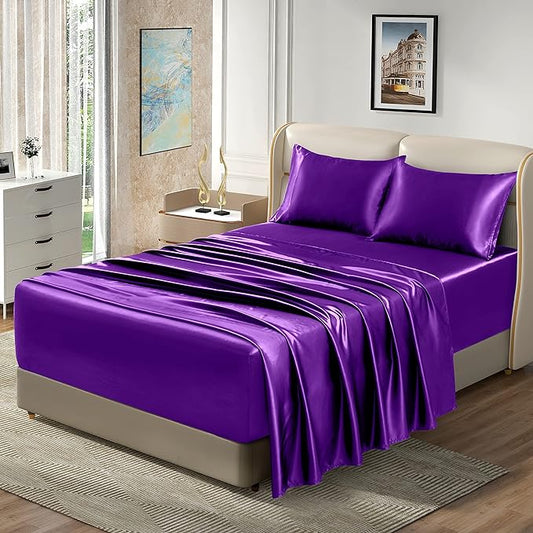 Homiest 4pcs Extra Deep Pocket Satin Sheets King Size Purple Sheet Set, Fits Ultra Deep Mattress
