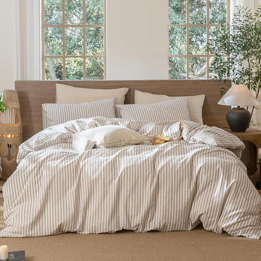 MooMee Striped Duvet Cover Set 100% Washed Cotton Linen Like Textured Breathable Durable Soft Comfy (Tannish Linen Grey White Classic Stripes, King 104"x90")