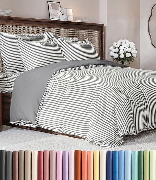 Duvet Cover Queen Size Set - Extra Soft Queen Duvet Cover 90" x 90" with 2 Pillow Shams - Hotel Luxury, Easy Care & Fade Free with Zipper Closures & Ties - Comfy, Cozy and Breathable (Grey Stripes)