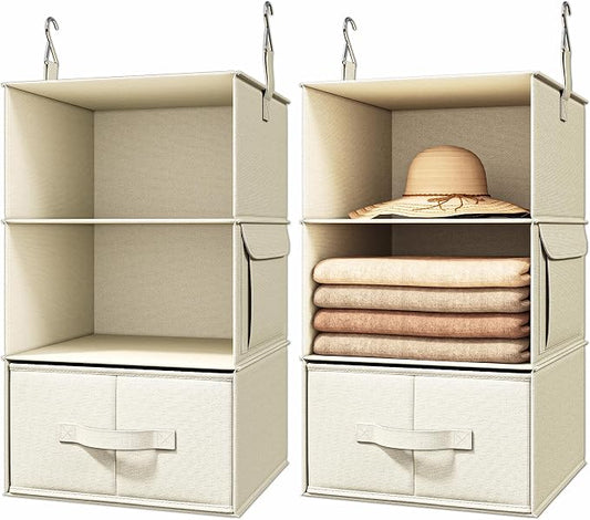 Vailando 3-Shelf Hanging Closet Organizer, Set of 2 Hanging Shelves with 2 Drawers for Wardrobe, Nursery, Baby Clothes Storage and Organization, Beige