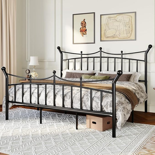 Allewie 14 Inches King Size Metal Platform Bed Frame with Elegant Crown Headboard & Footboard, Sturdy Mattress Foundation with Under-Bed Storage, Easy Assembly, No Box Spring Needed, Black
