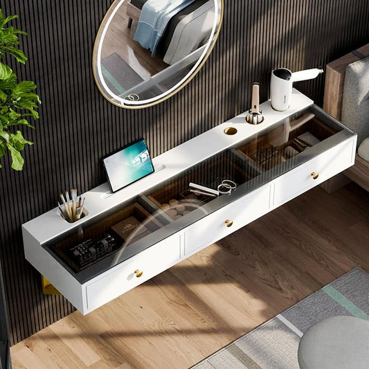 IEO 47" Floating Vanity Makeup Table,Wall Mounted Desk with 3 Drawers Storage,Hanging Floating Small Space Vanity Table for Bedroom, Dressing Room,Warm White