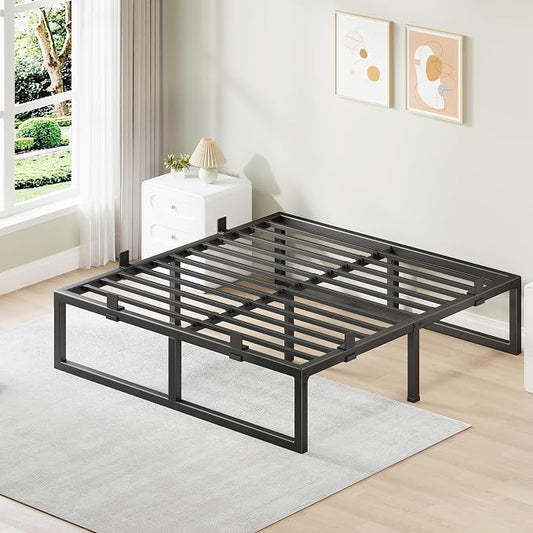 Full Size Bed Frame, 16 Inch Metal Platform Bed Frames with Squeak Free U-Slot Design, 6 Non-Slip Guards, 3500lbs Heavy Duty Steel Slat Support, No Box Spring Needed, Under Bed Storage, Black