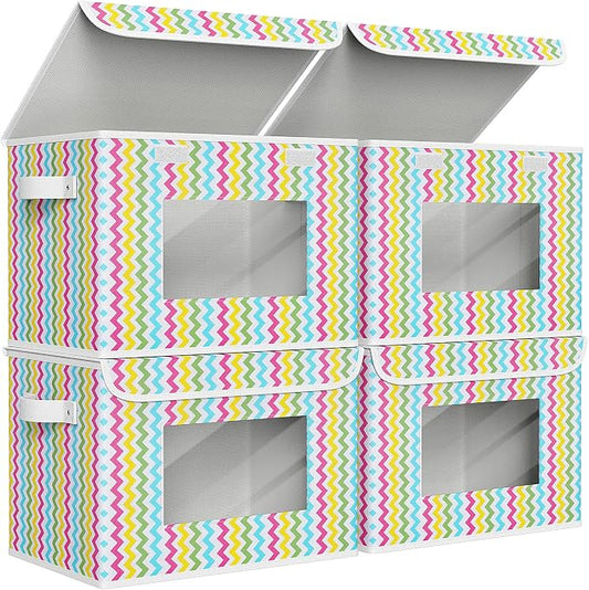 Univivi Fabric Foldable Storage Boxes [4-Pack] Large Collapsible Stackable Storage Bins with Lids, Closet Organizers and Storage Cube Basket for Home, Office, Bedroom (Colorful, 17”x 12” x 12”)