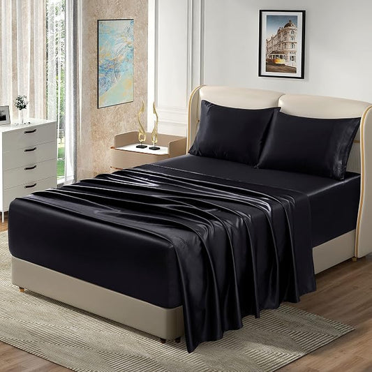 Homiest 4pcs Extra Deep Pocket Satin Sheets Full Size Bed Set, 18-24 Inch Deep Pocket Black Sheets, Silky Luxury Bedding Fits Ultra Deep Mattress