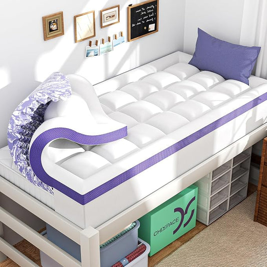 ChiXpace Dual Layer 4 Inch Memory Foam Mattress Topper Twin XL - 2 Inch Gel Memory Foam and 2 Inch Pillow Top Mattress Pad, 7-Zone Egg Crate Twin XL Size Mattress Topper (White)