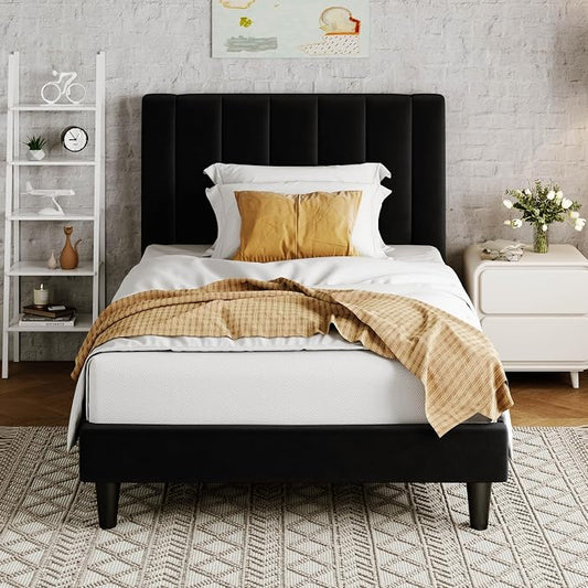 Allewie Twin Bed Frame/Velvet Upholstered Bed Frame with Vertical Channel Tufted Headboard/Strong Wooden Slats/Platform Bed Frame/Mattress Foundation/Box Spring Optional/Easy Assembly/Black
