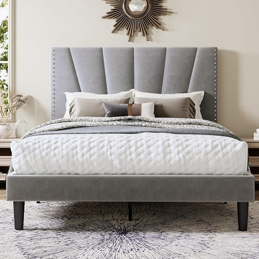 Allewie Full Size Bed Frame with Adjustable Velvet Upholstered Headboard, Rivet-Style Nailhead Trim Detail Platform Bed Frame, Wooden Slat Support, No Box Spring Needed, Easy Assembly, Grey