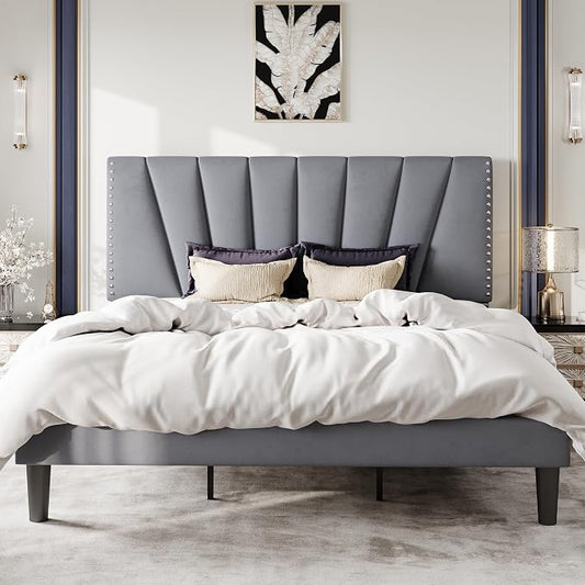 SHA CERLIN King Size Bed Frame with Adjustable Upholstered Velvet Rivets Headboard, Sturdy Wooden Slats, Strong Platform Support for Mattress, No Box Spring Needed, Easy Assembly, Grey